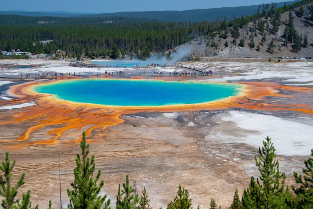 Aerial view of the colorful Grand Prismatic Spring in Yellowstone National Park