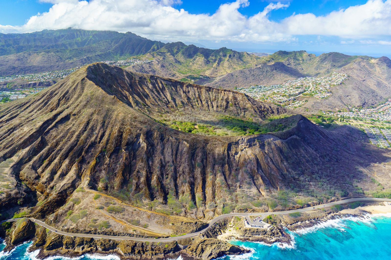 Aerial view of a volcanic crater along Oahu's coastline