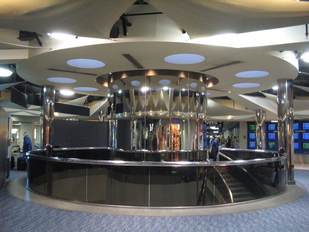 An airport concourse with seating