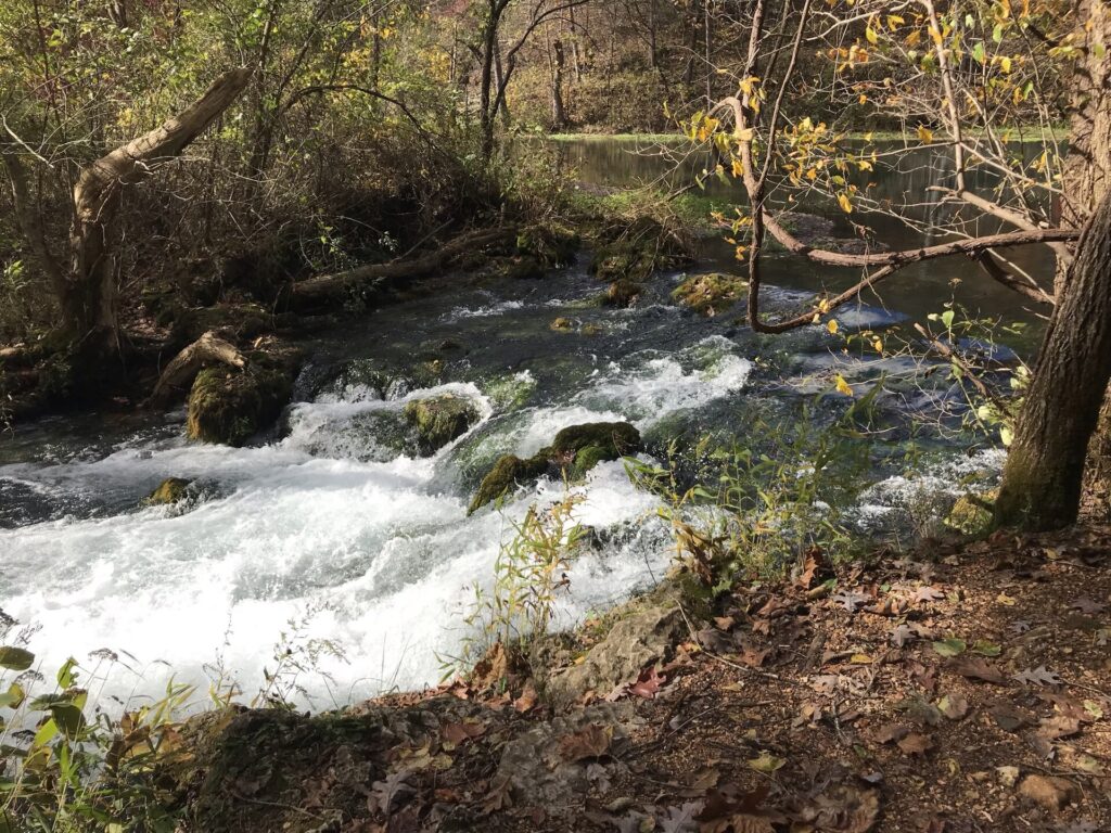 Clear spring water rushes over rocks where it leaves Alley Spring to join the Jacks Fork River