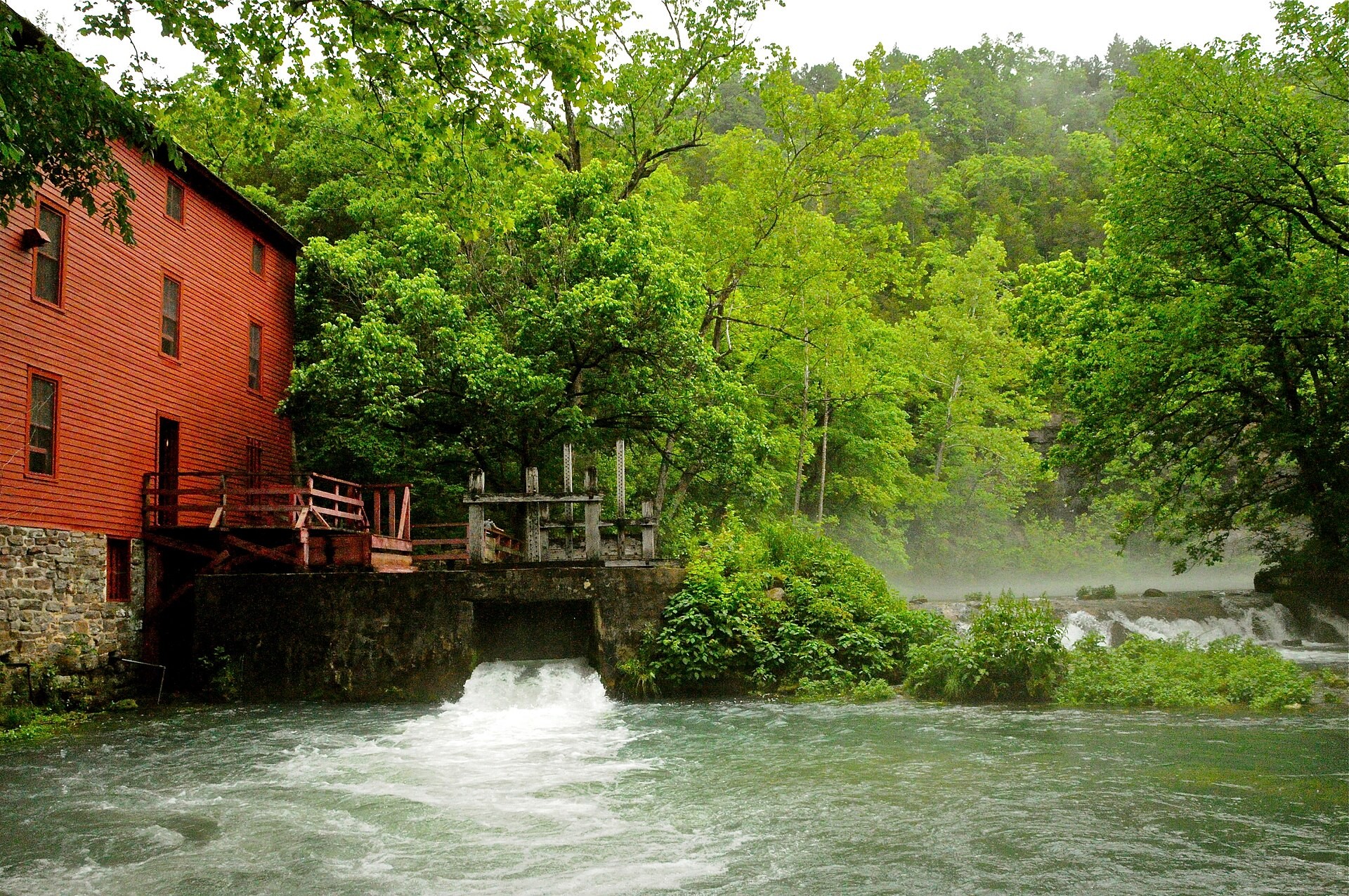 The red Alley Mill on the Jacks Fork River near Eminence, Missouri