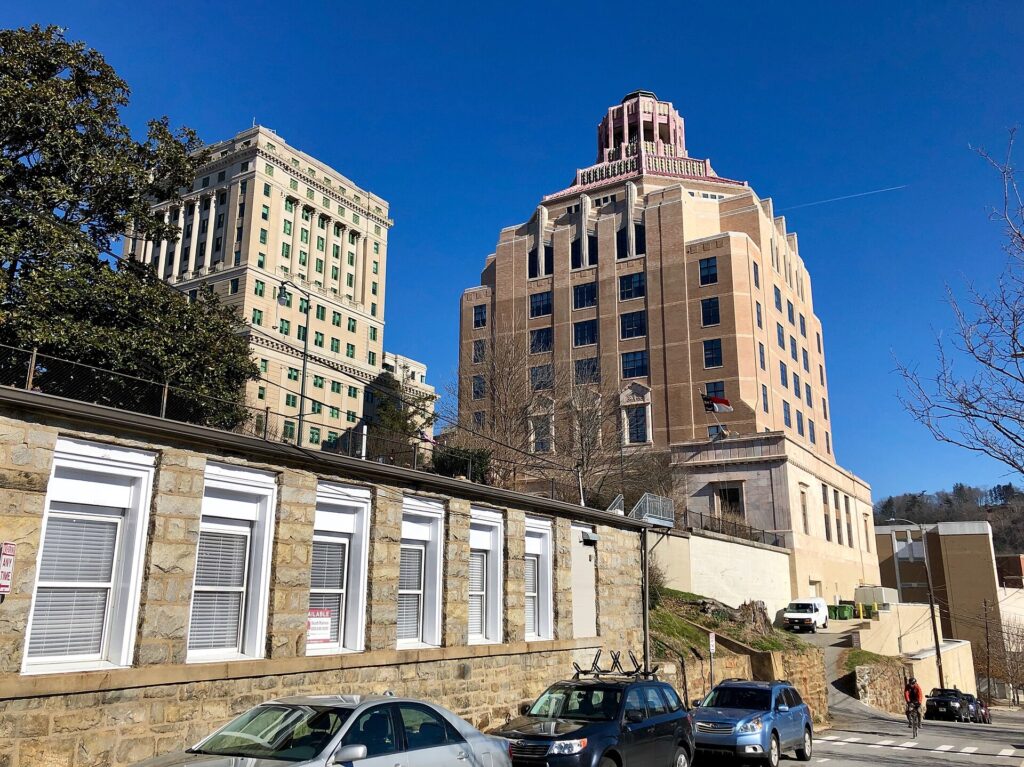 The art deco Asheville City Hall with its octagonal tiled roof