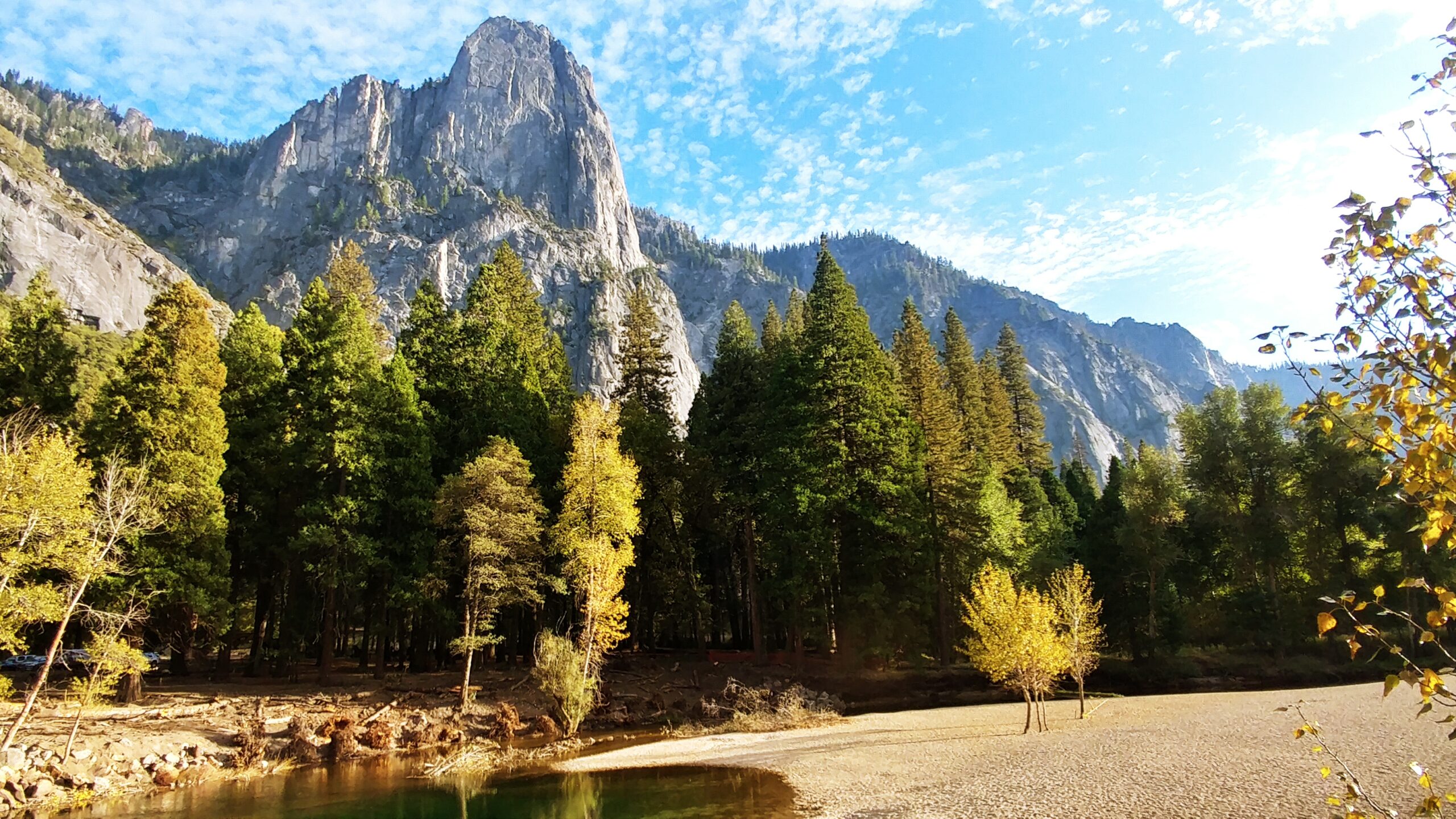 Autumn trees along a sandy riverbank in Yosemite Valley
