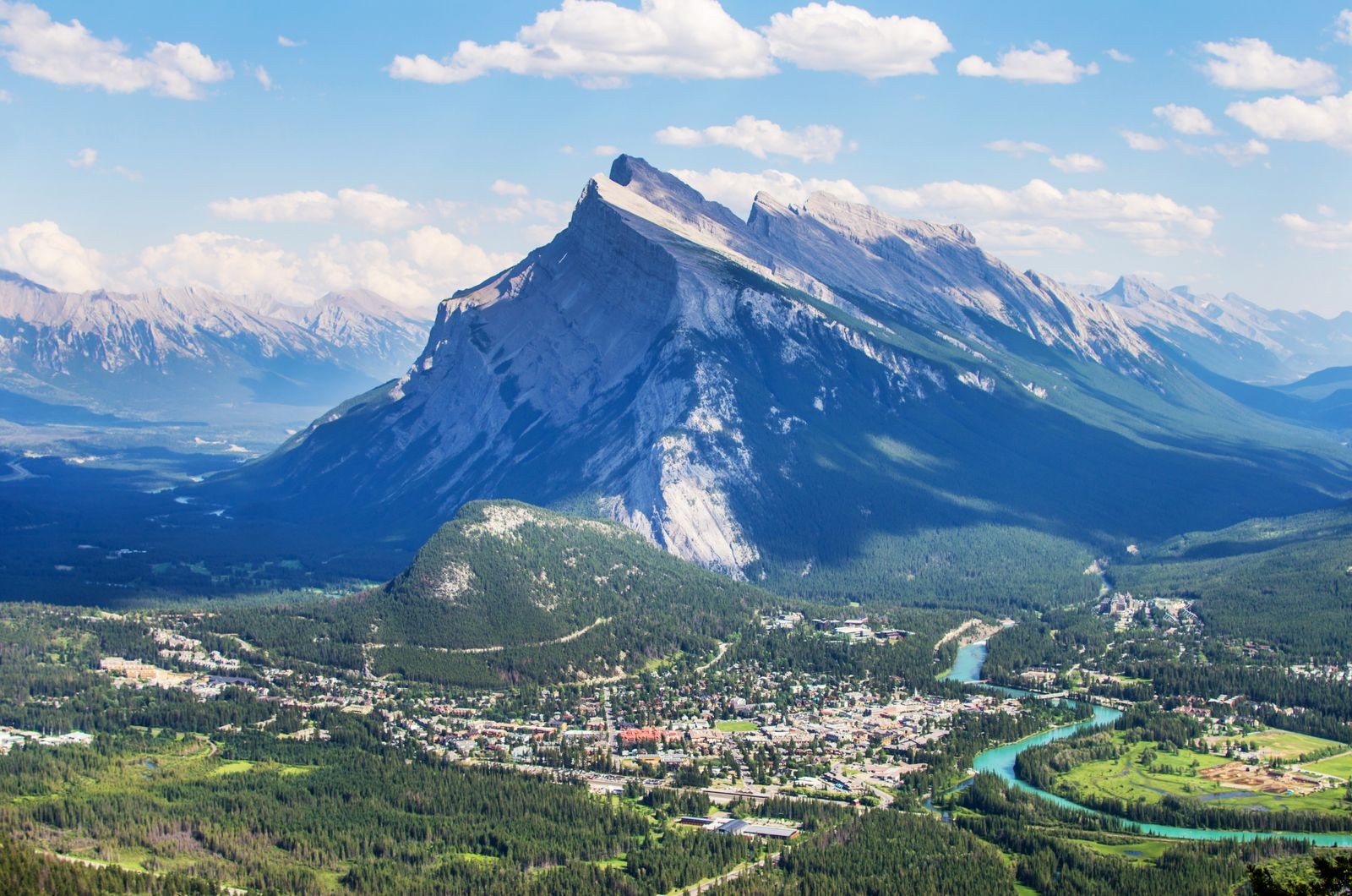 Mount Rundle rising above Banff townsite and the Bow River