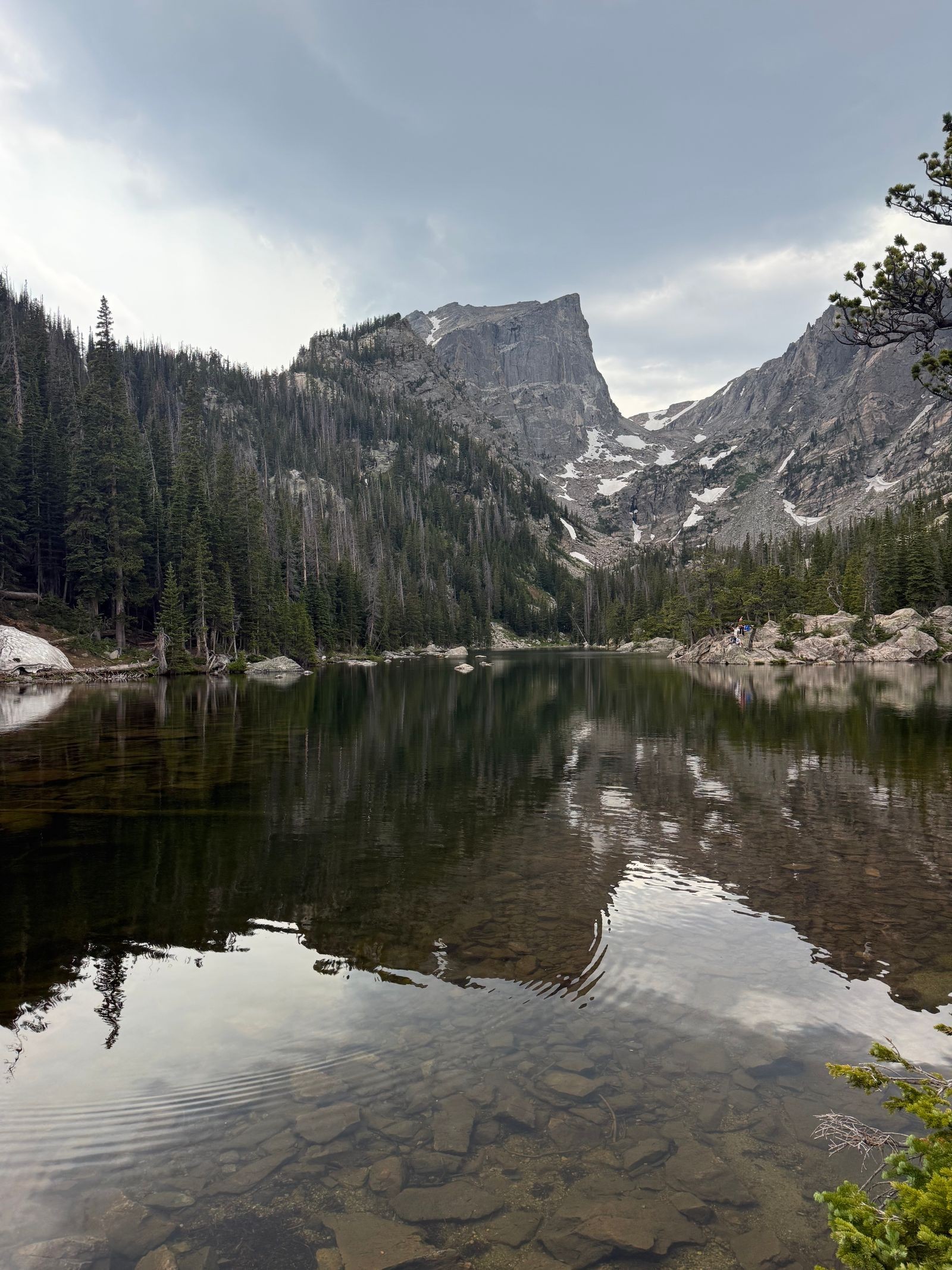 A calm alpine lake reflects a rocky peak and pine forest in Rocky Mountain National Park