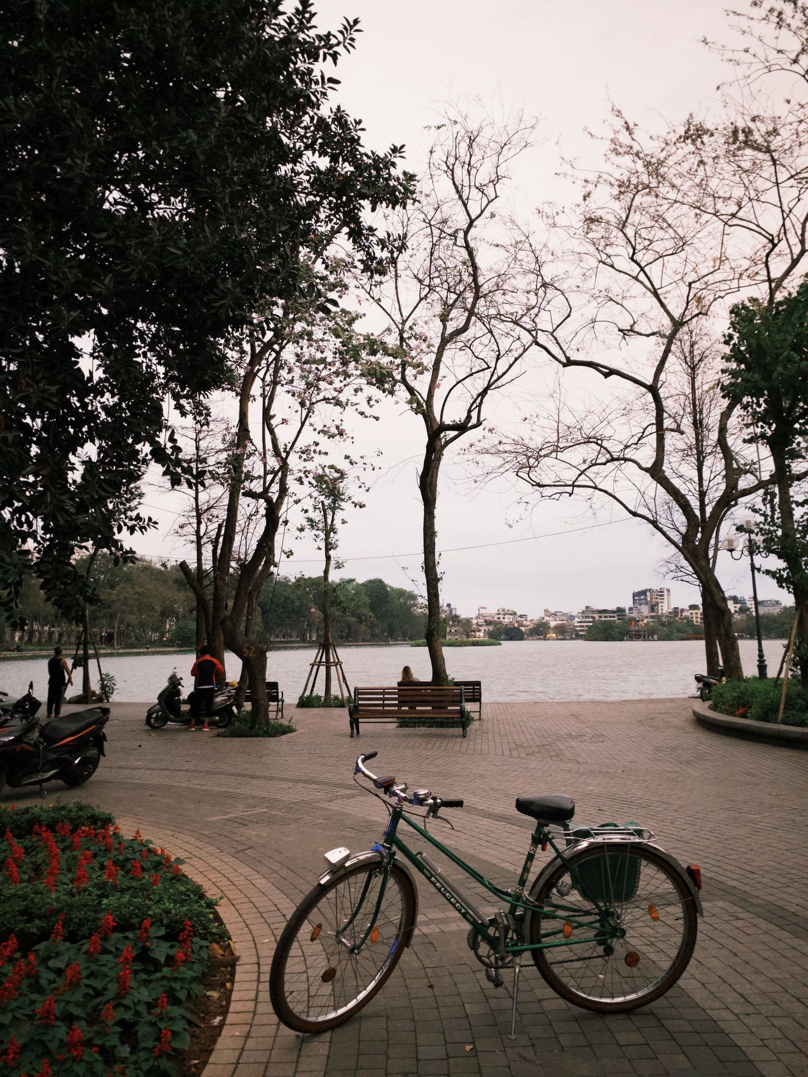 A bicycle parked beside a calm lakeside path in a park at golden hour