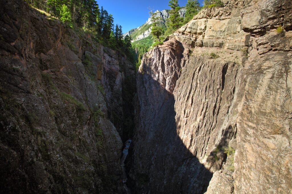 Canyon Creek flowing through the narrow quartzite gorge at Box Canyon Falls in Ouray, Colorado