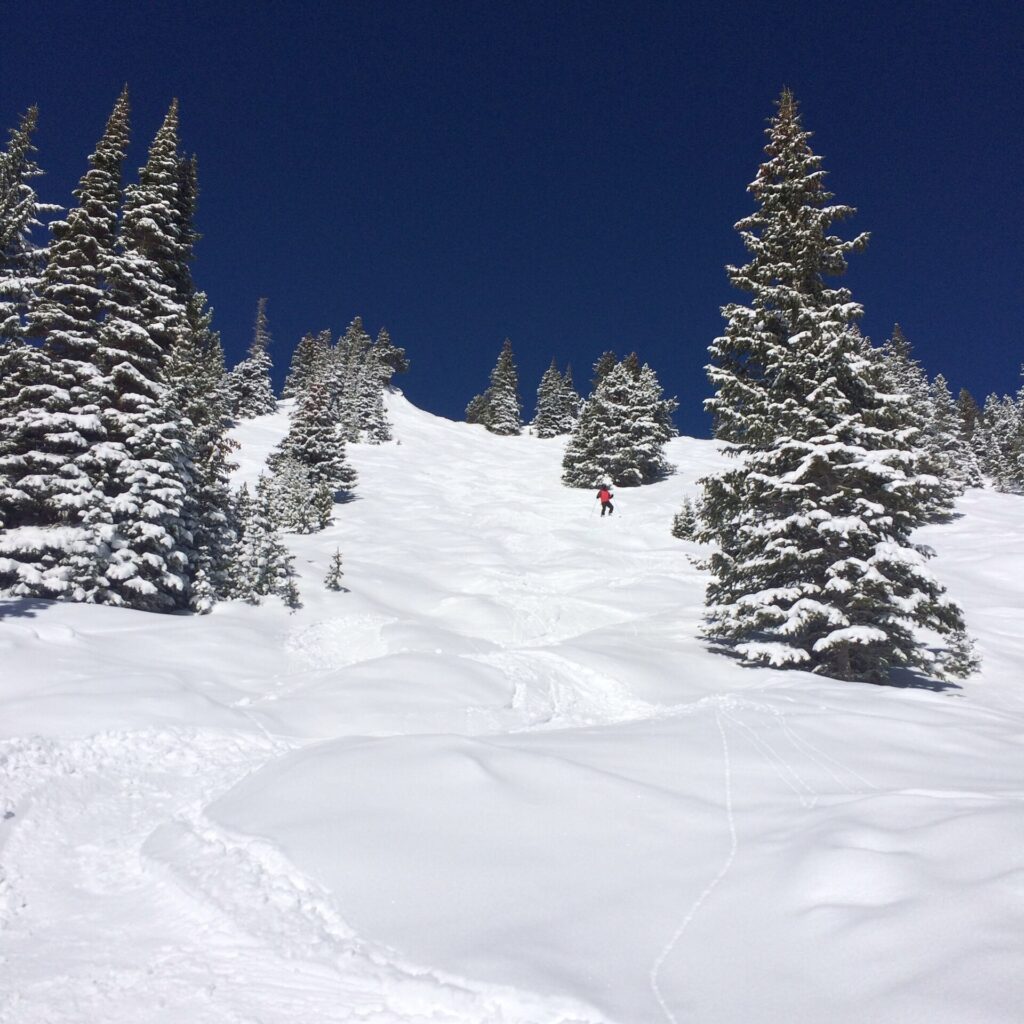 A snow-covered ski run through trees at Breckenridge, Colorado
