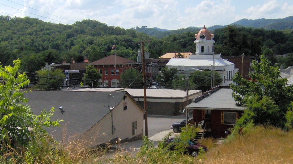 Rooftop view of downtown Bryson City, North Carolina, near Fontana Lake