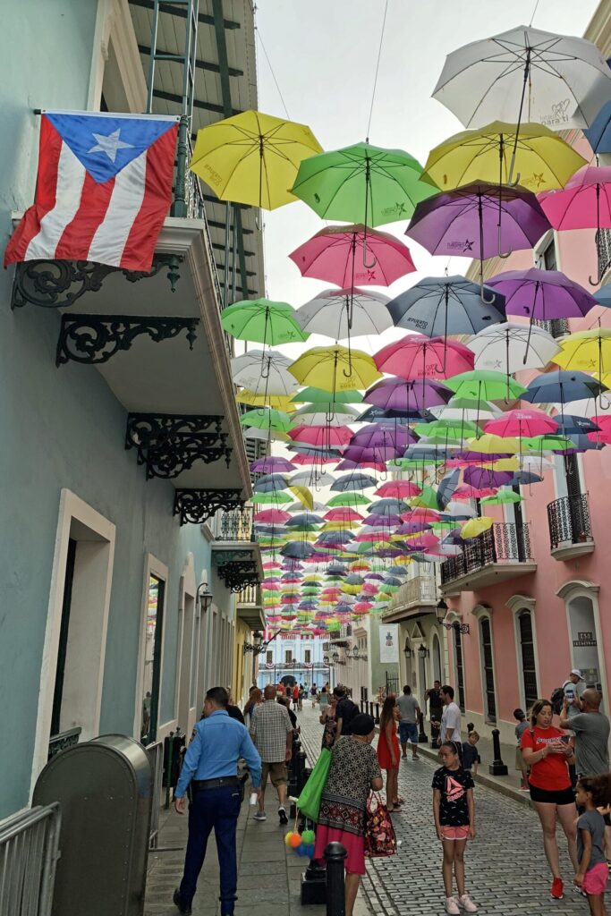 Umbrella decorations over Calle de la Fortaleza in Old San Juan, Puerto Rico