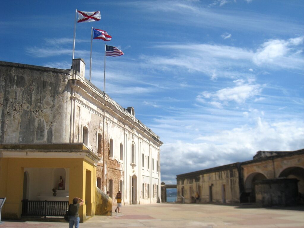 Stone walls and a sentry box at Castillo San Cristóbal, San Juan