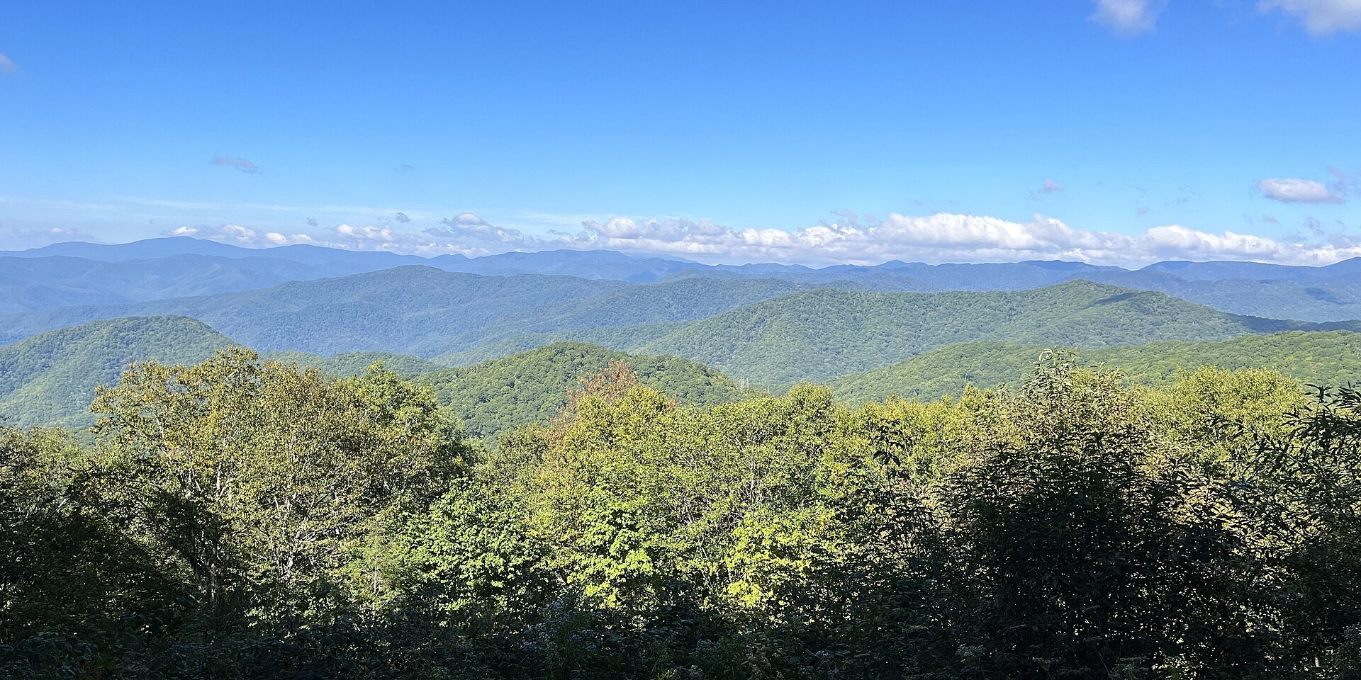 Rolling forested mountain ridgelines under a partly sunny sky in the Cataloochee and Balsam Mountain area of Great Smoky Mountains National Park