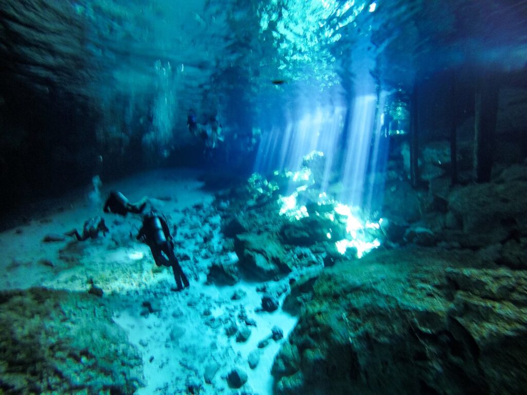 An underwater view inside a cenote cave in the Yucatan, Mexico