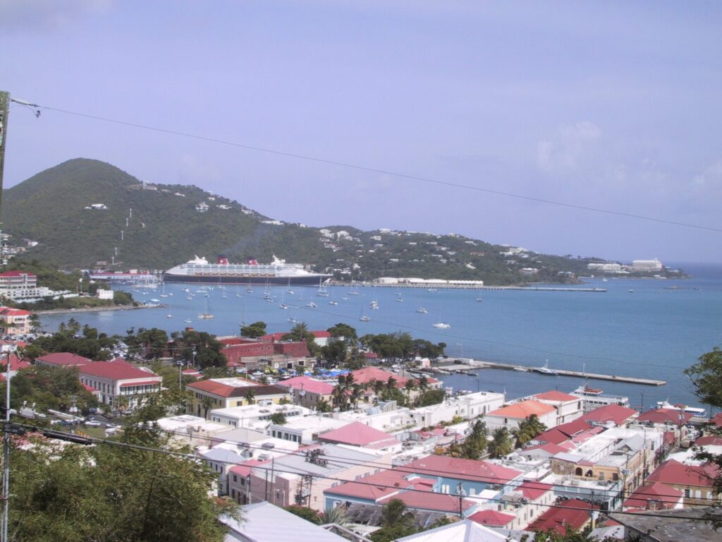 Charlotte Amalie and its harbor on St. Thomas seen from the hills above