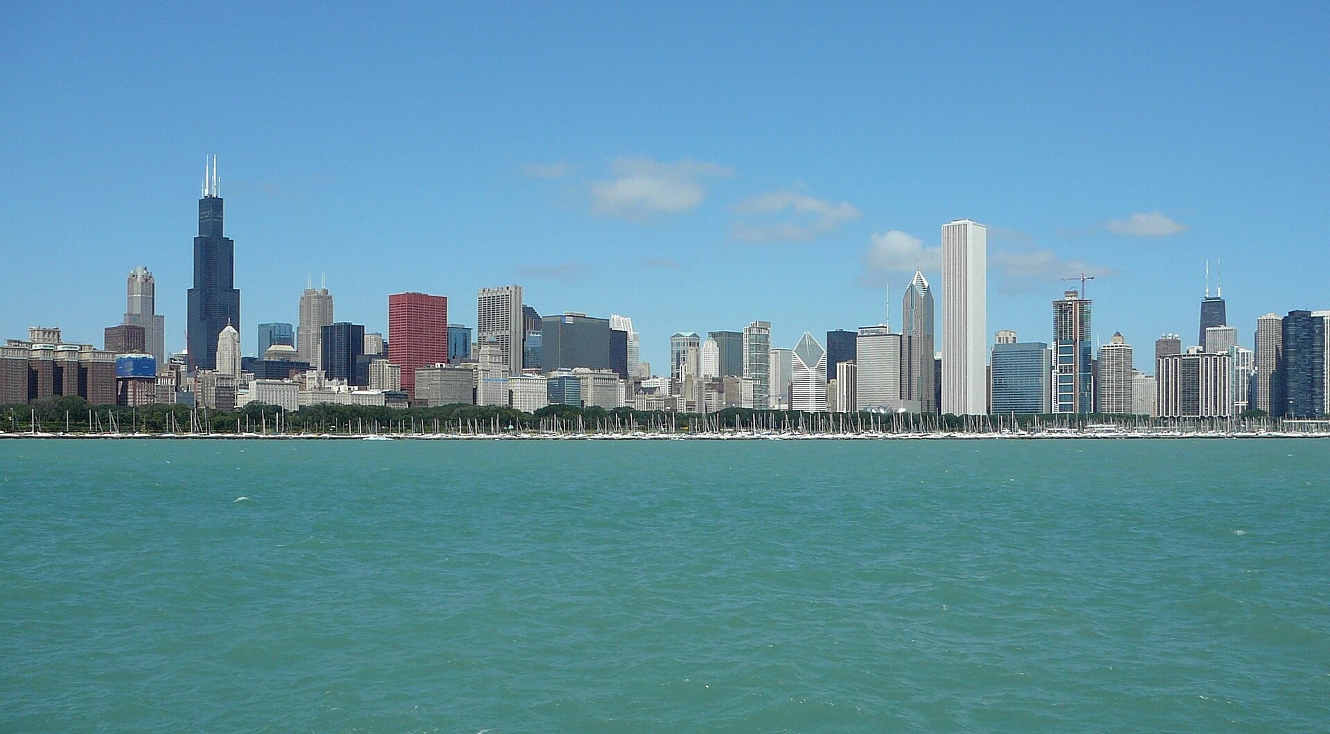 The Chicago skyline seen from out on Lake Michigan