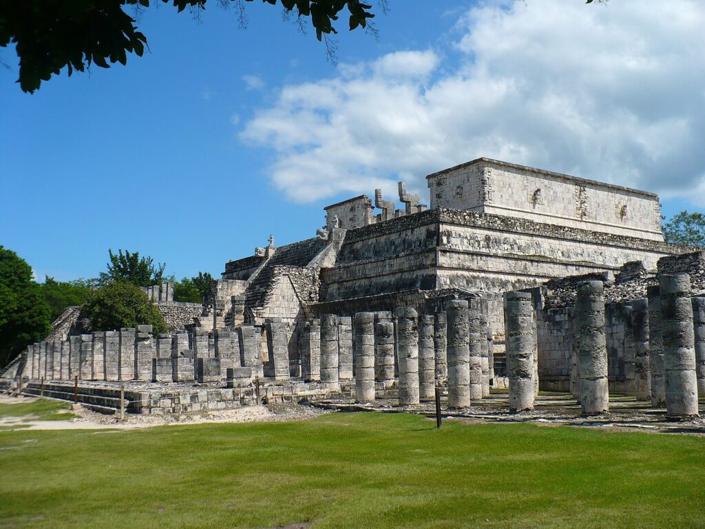 The Temple of the Warriors at Chichen Itza, with rows of carved stone columns in front