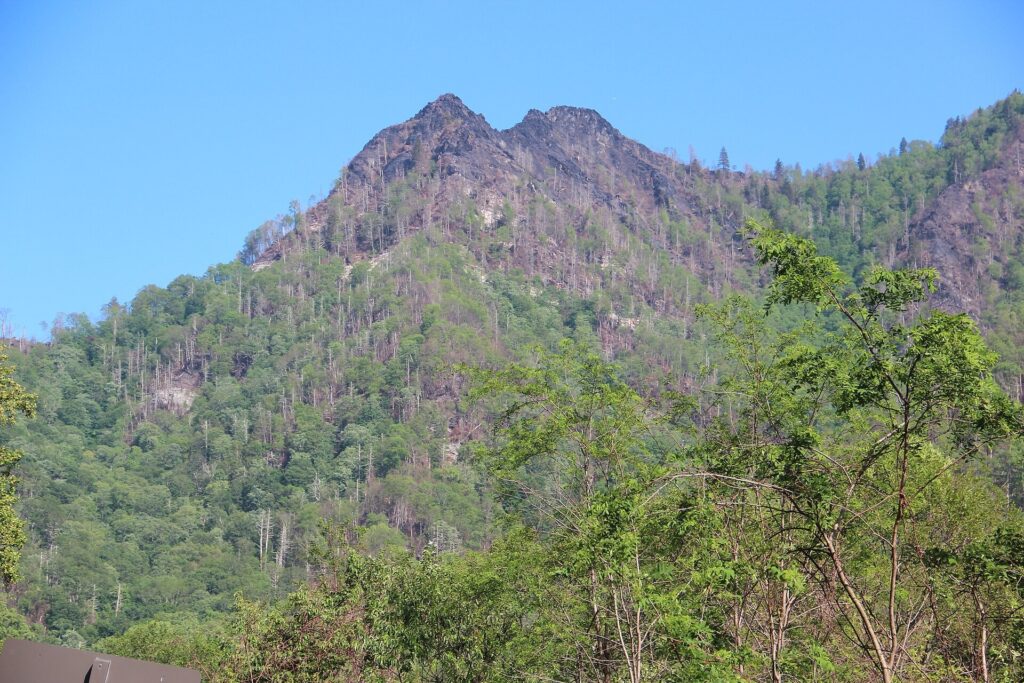 The twin rocky peaks of Chimney Tops seen from the Chimney Tops overlook along Newfound Gap Road