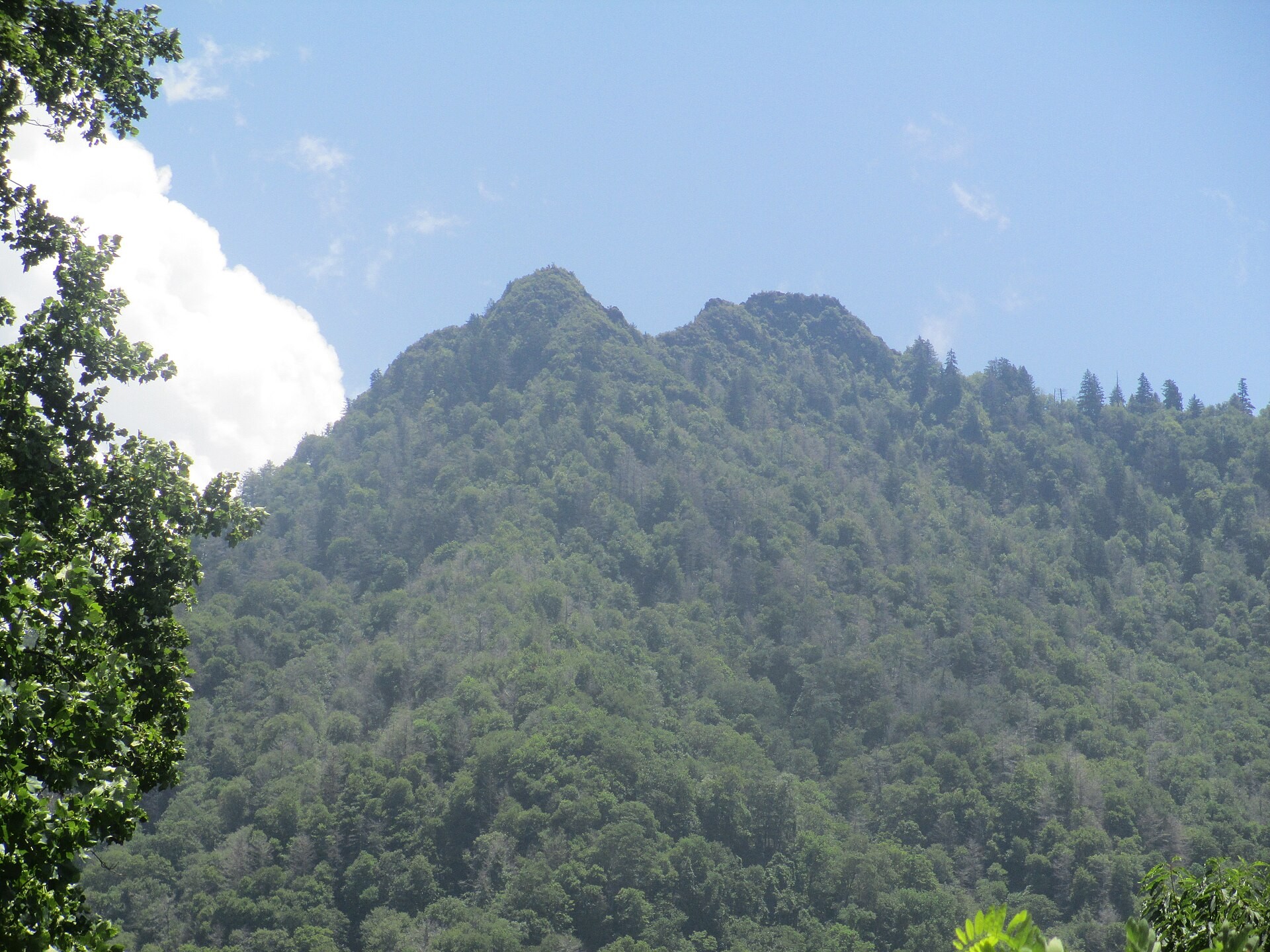The twin rock spires of Chimney Tops seen from the trail in Great Smoky Mountains National Park
