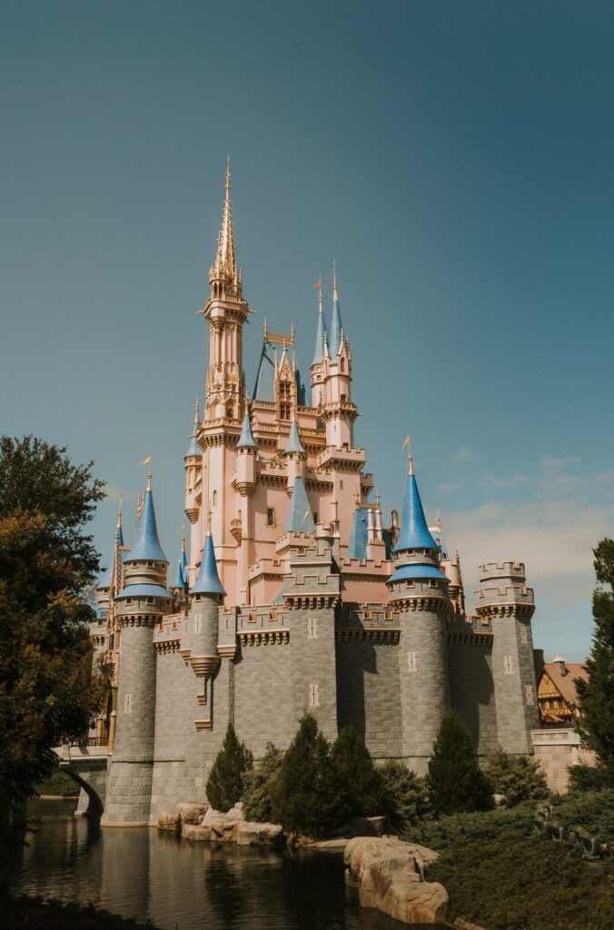 Cinderella Castle at Magic Kingdom under a clear blue sky
