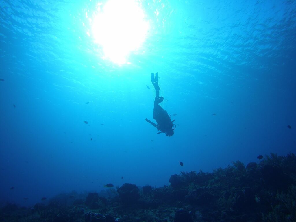 A scuba diver silhouetted in deep blue water off Cozumel, Mexico
