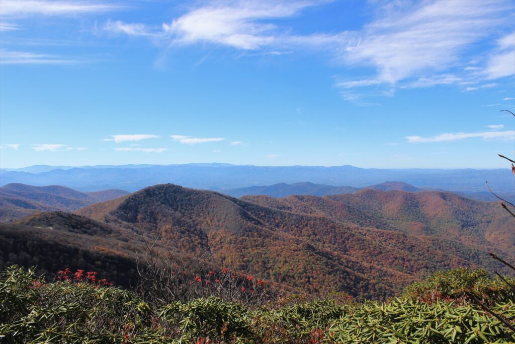 Ridgeline mountain views from a Craggy Gardens area hiking trail on the Blue Ridge Parkway