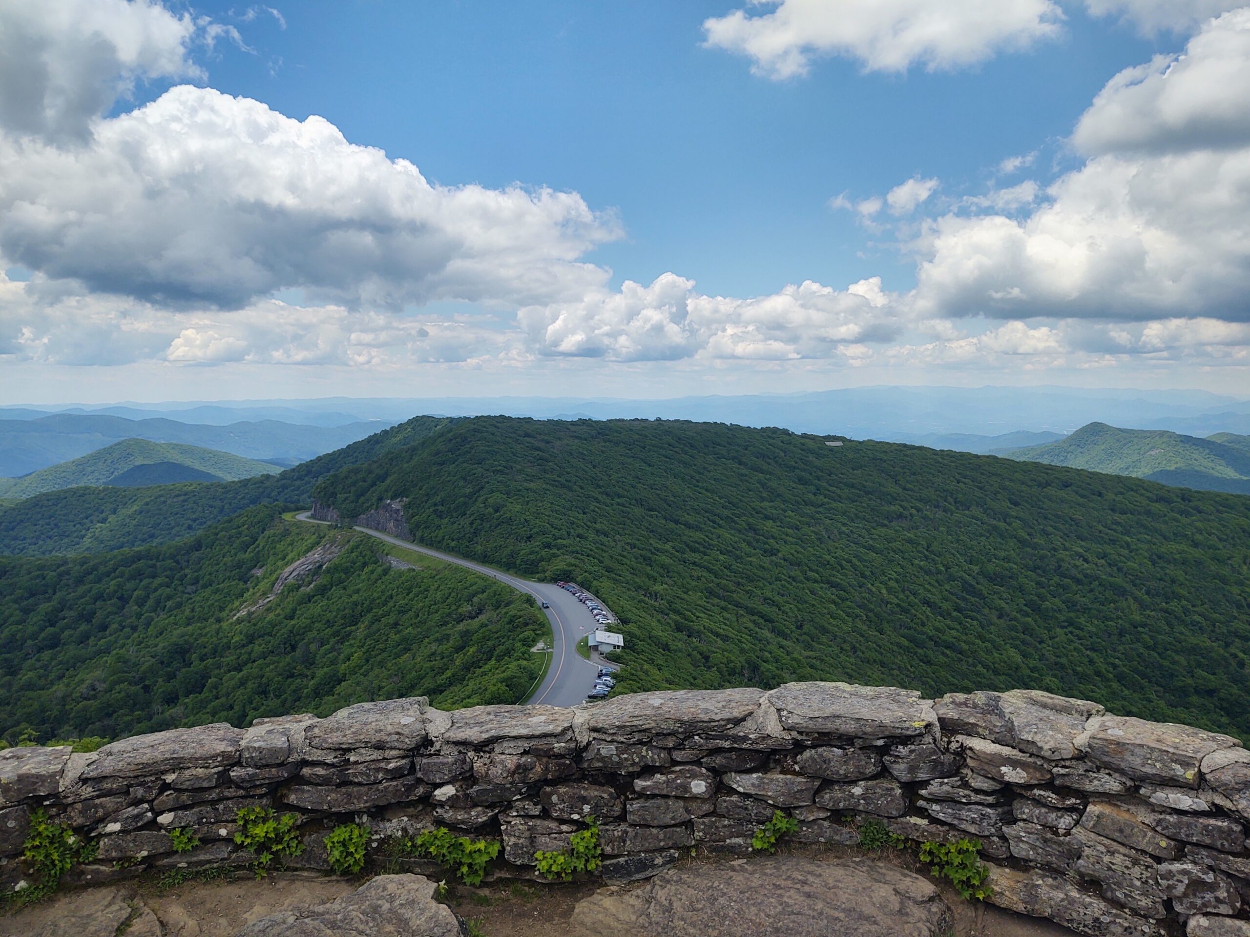 Overlook near Craggy Gardens on the Blue Ridge Parkway with the road winding through the ridgeline below