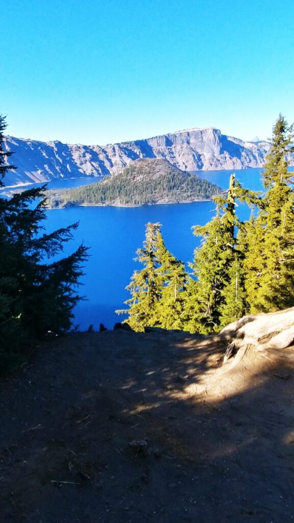 Dirt overlook through the pines above Crater Lake and Wizard Island