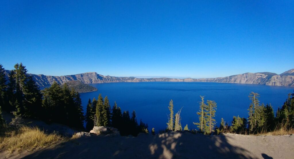 Wide view across Crater Lake and the caldera walls from a rim overlook