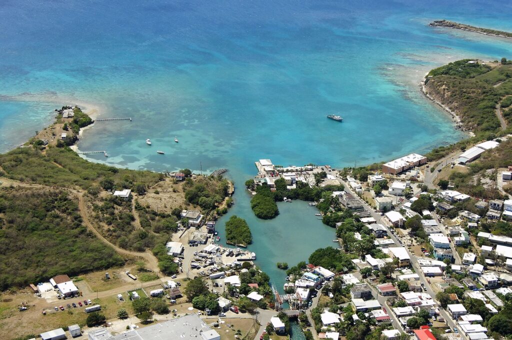 Aerial view of Dewey, Culebra, showing the ferry landing where boats from Ceiba dock