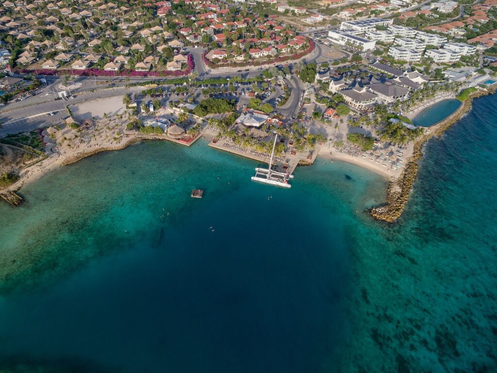 Aerial view of Jan Thiel beach on Curacao, one of the ABC islands south of the hurricane belt