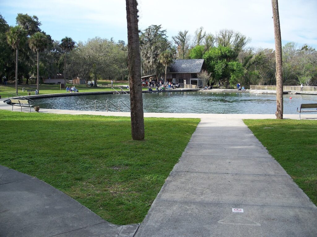 Swimmers in the spring-fed swimming area at De Leon Springs State Park with a park building beyond