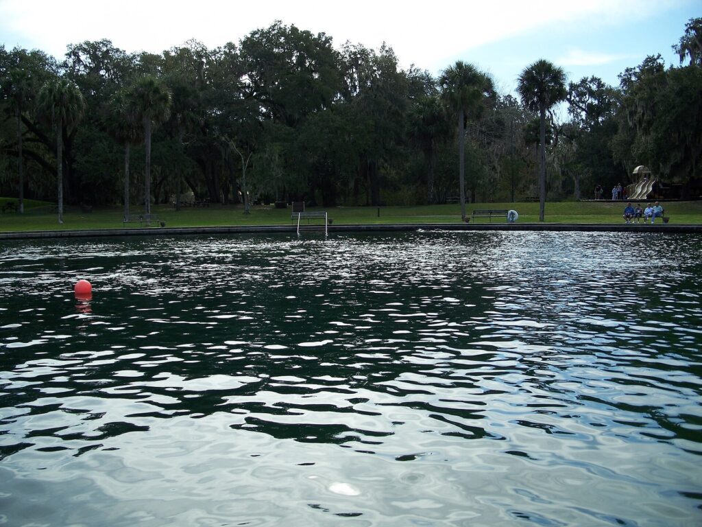 Swimmers and a dock on the spring water at De Leon Springs State Park in Florida