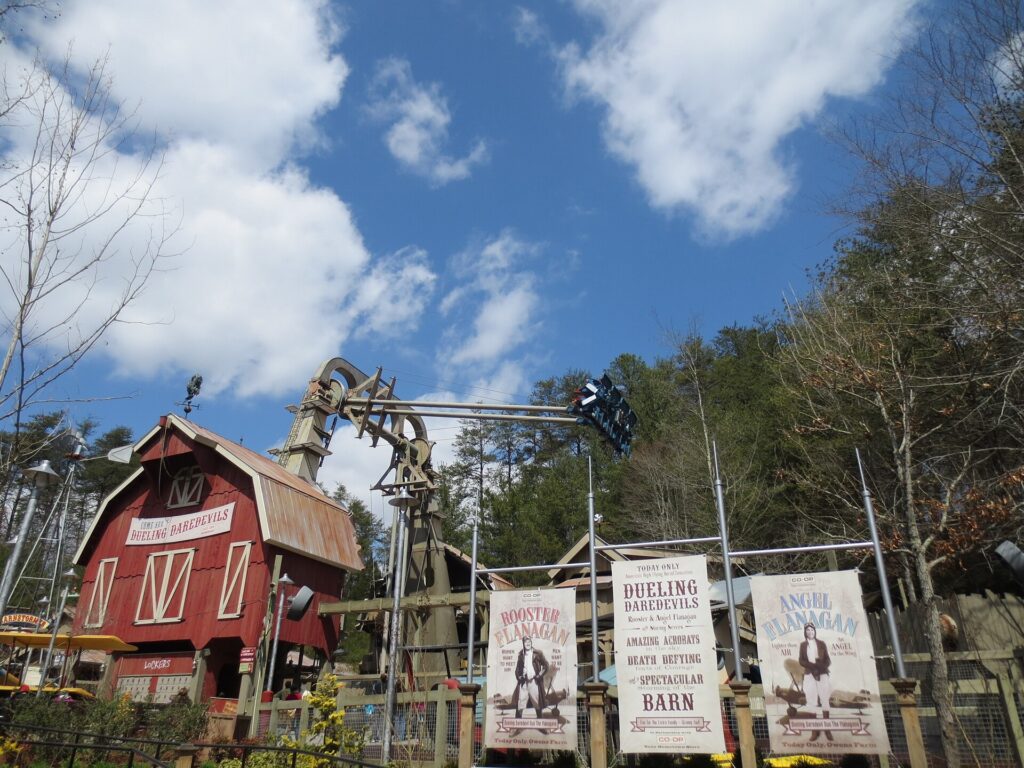 Barnstormer family ride building and signage at Dollywood theme park