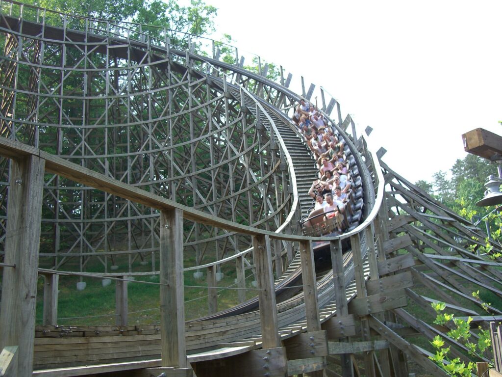 Thunderhead wooden roller coaster track winding through the trees at Dollywood