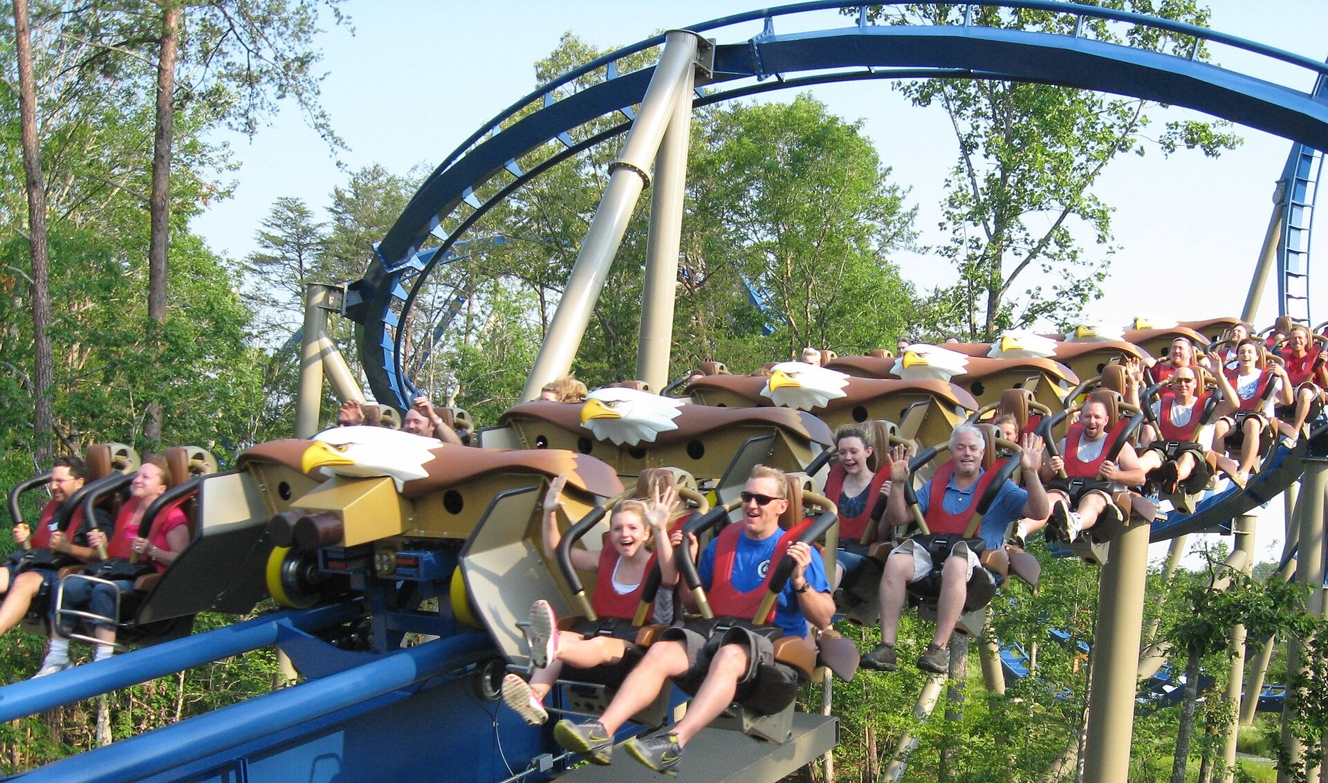 Wild Eagle wing coaster at Dollywood with riders suspended off the side of the track