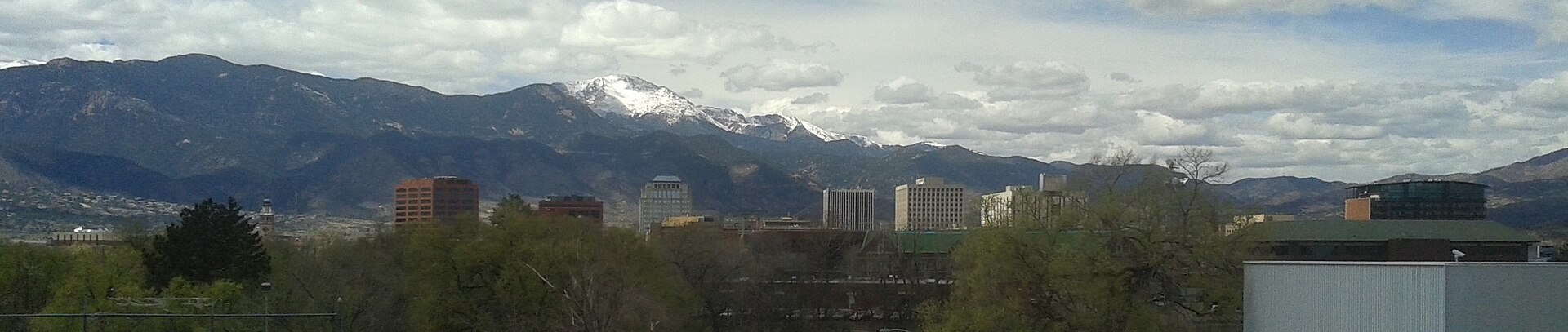 Downtown Colorado Springs skyline with the Front Range in the distance