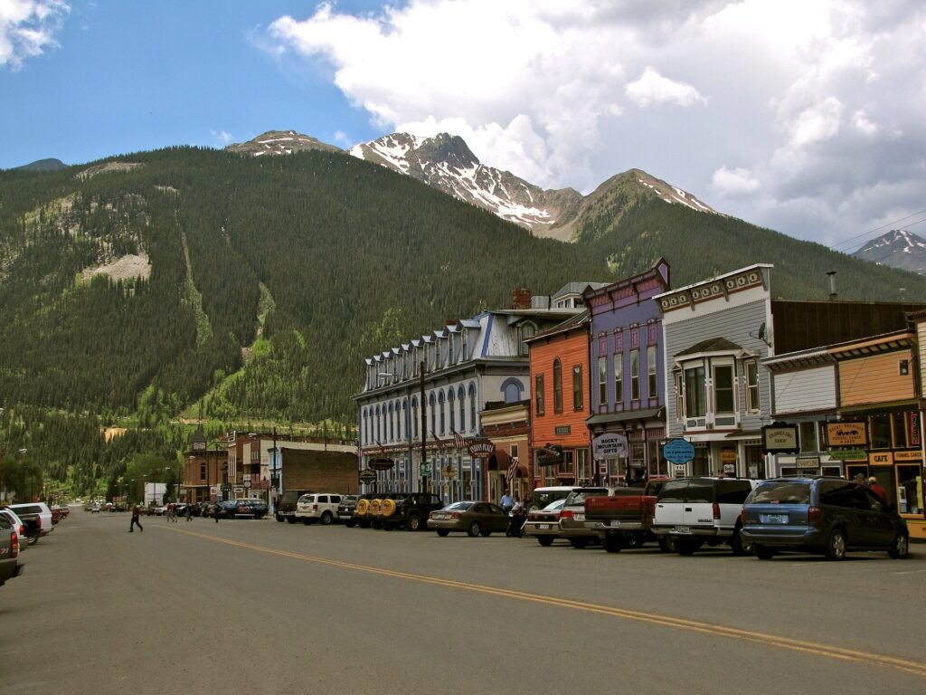 Colorful historic storefronts along the main street of downtown Silverton, Colorado