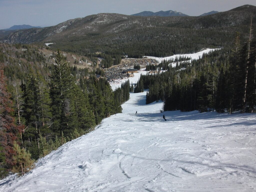 View of the Eldora Mountain Resort base area, Colorado, from the top of the International lift