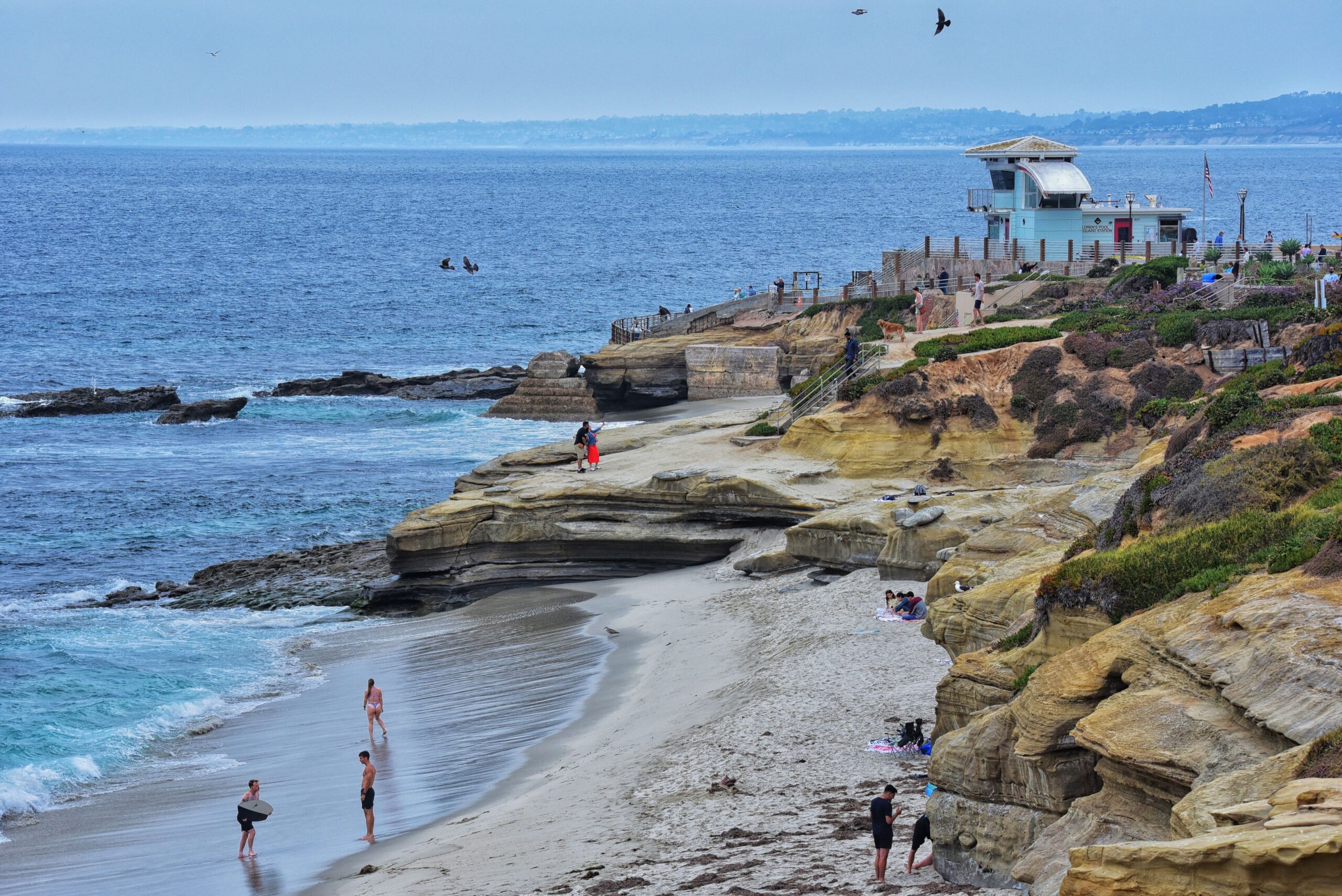 An elevated view of visitors enjoying the beach and cliffs at La Jolla Cove on a sunny day