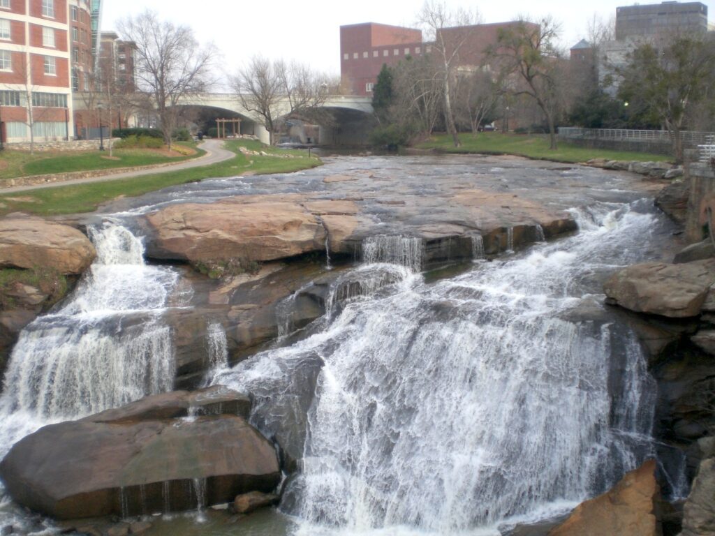 The falls on the Reedy River at Falls Park in downtown Greenville, South Carolina