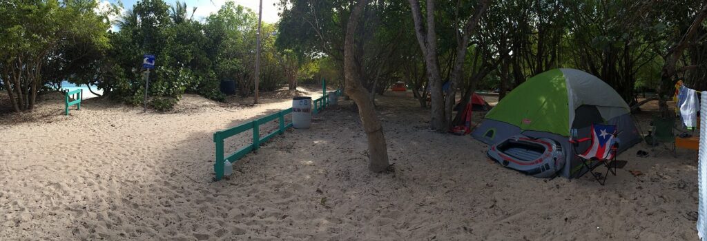 Tents set up in the camping area at Flamenco Beach on Culebra, Puerto Rico