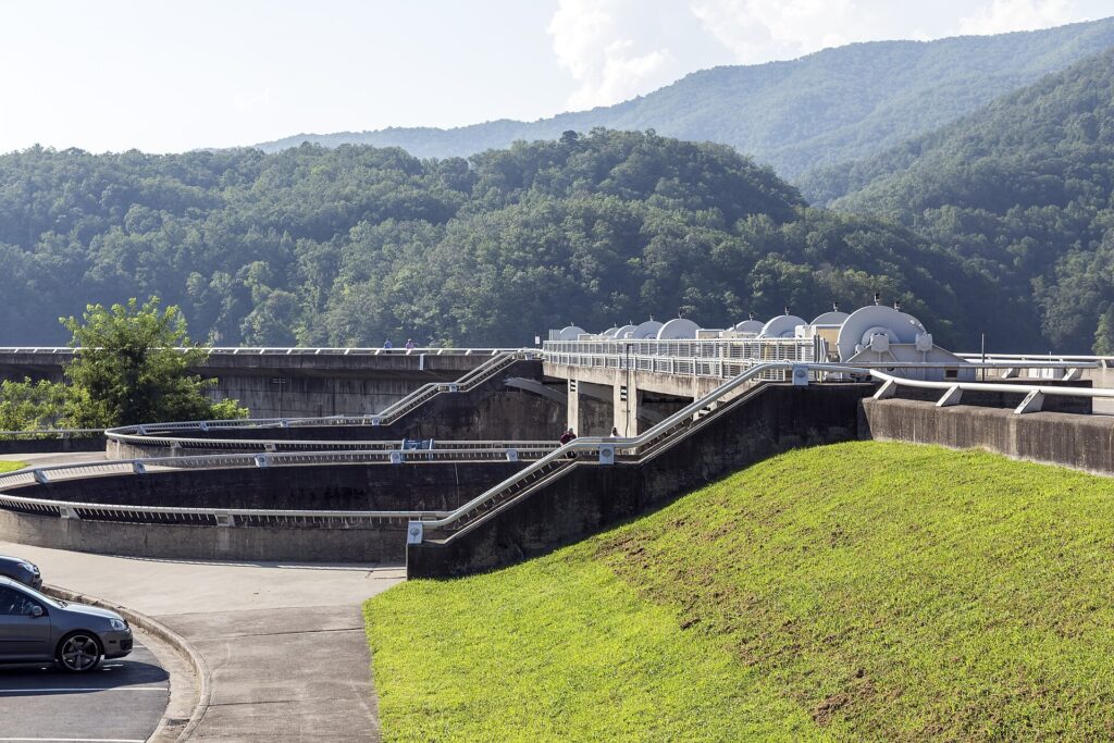 The spillway and powerhouse at Fontana Dam, North Carolina
