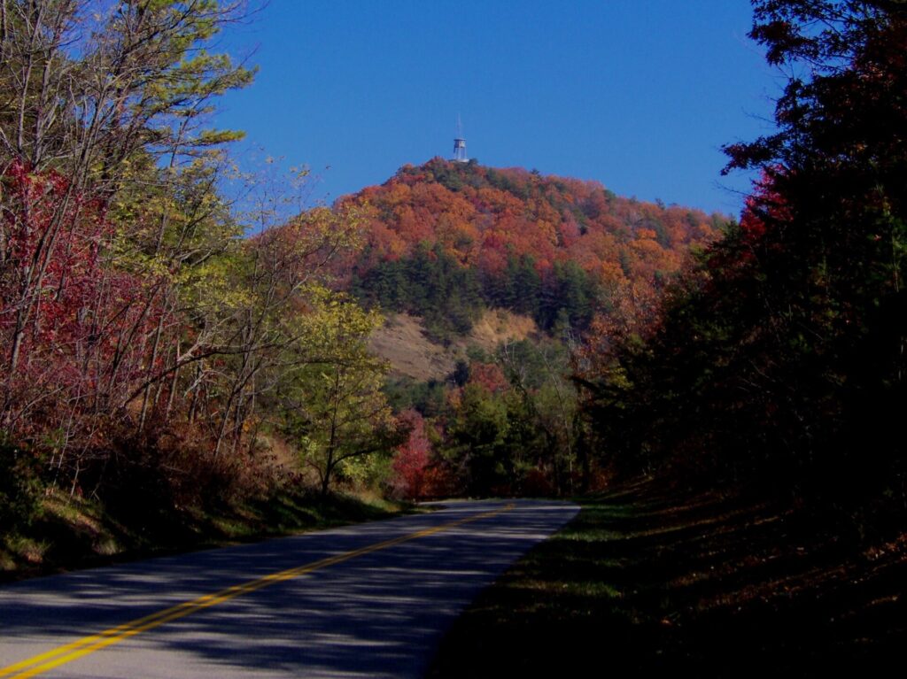 A two-lane road curving toward a fall-colored ridge on Foothills Parkway, with the Look Rock Tower visible on the summit