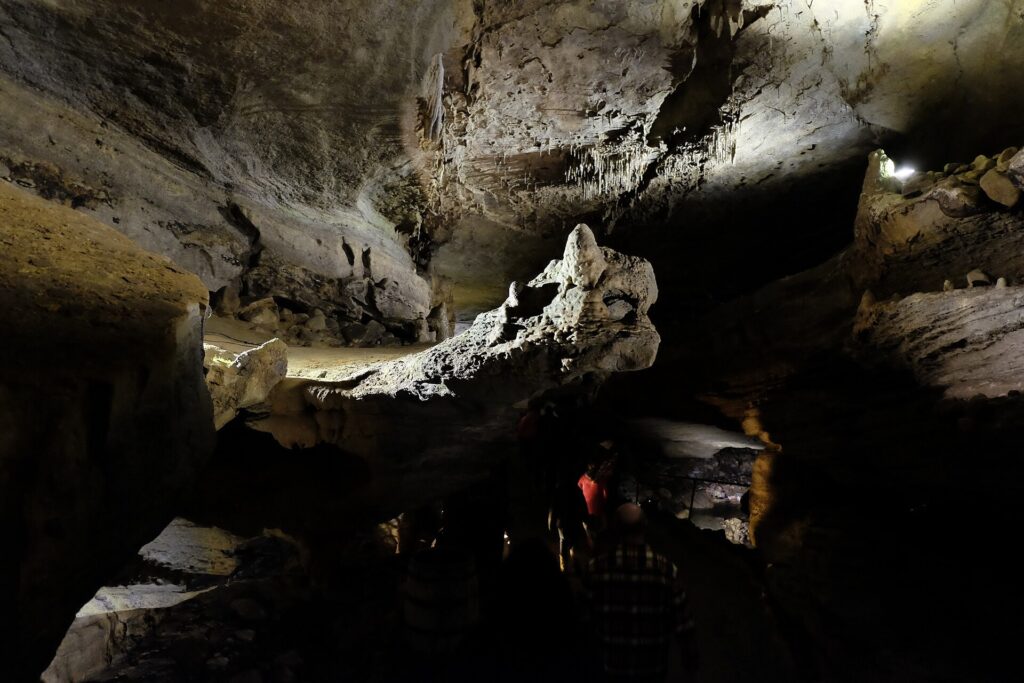 Visitors on a guided tour inside Forbidden Caverns near Sevierville, Tennessee