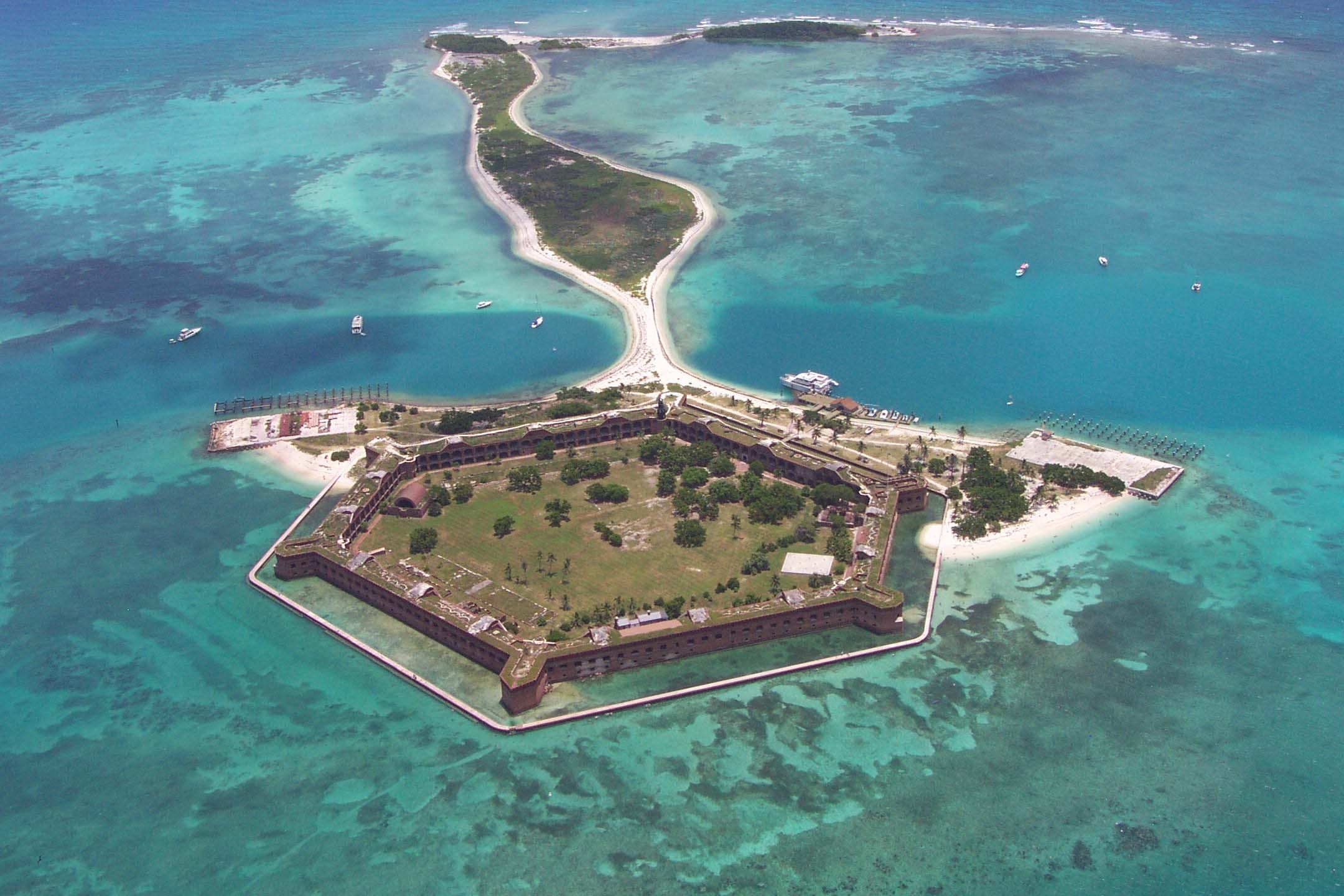 Aerial view of Fort Jefferson on Garden Key looking east across the Dry Tortugas, with Bush Key behind it