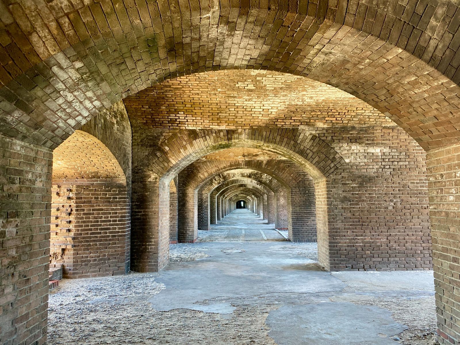 Rows of brick archways inside Fort Jefferson's gun rooms, Dry Tortugas National Park