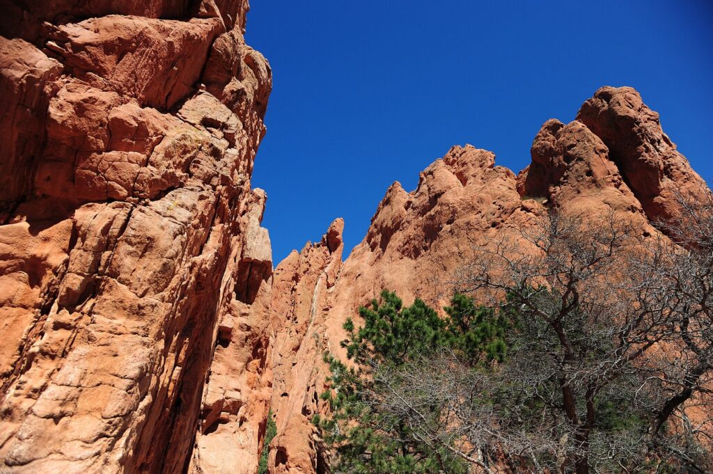 Towering orange sandstone slabs along the trail at Garden of the Gods