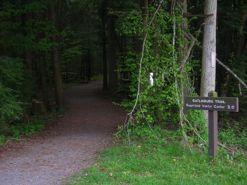 The Gatlinburg Trail trailhead near Sugarlands Visitor Center in Great Smoky Mountains National Park