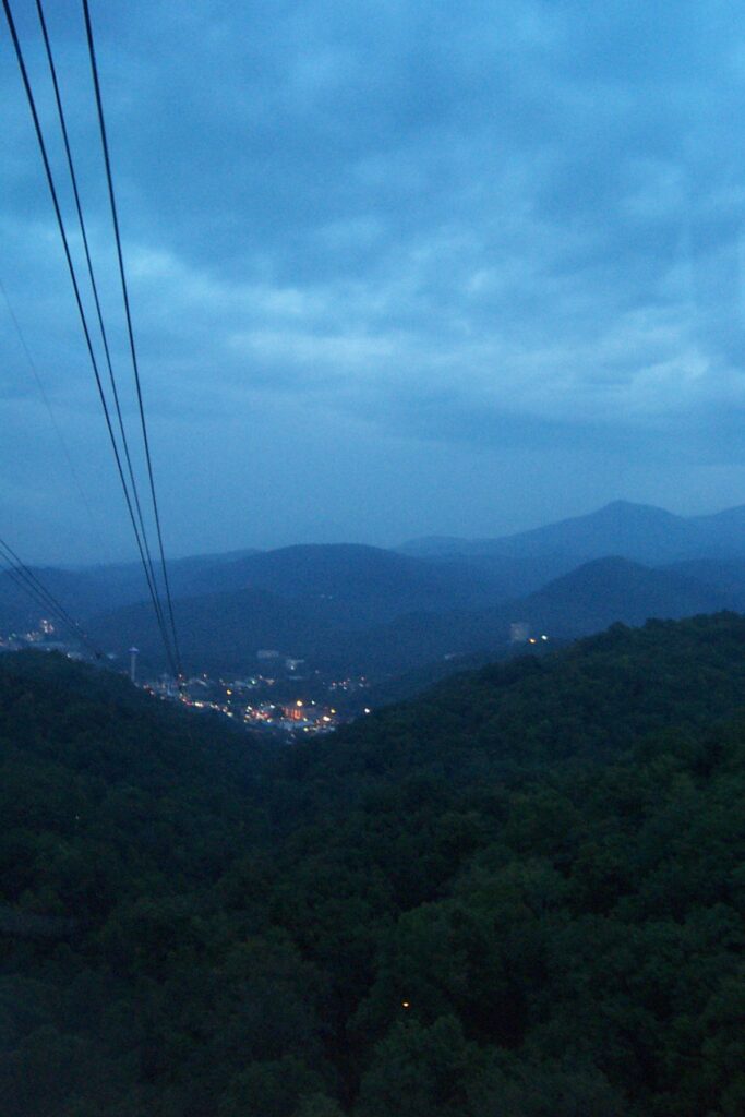 View over downtown Gatlinburg and the surrounding ridges from the Ober Gatlinburg aerial tram