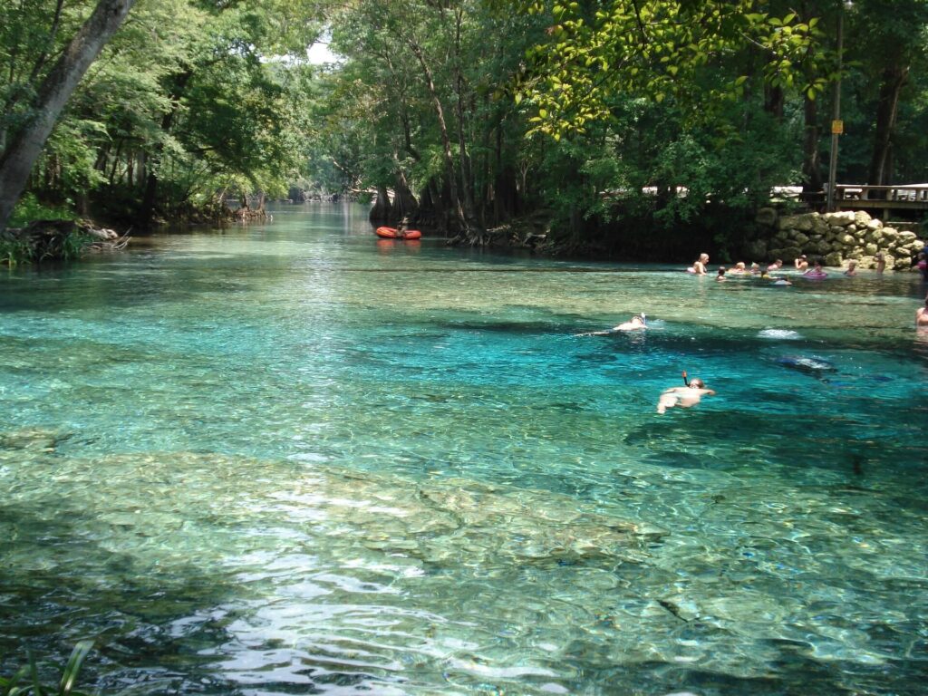 Swimmers and a canoe in the turquoise spring water at Ginnie Springs, Florida